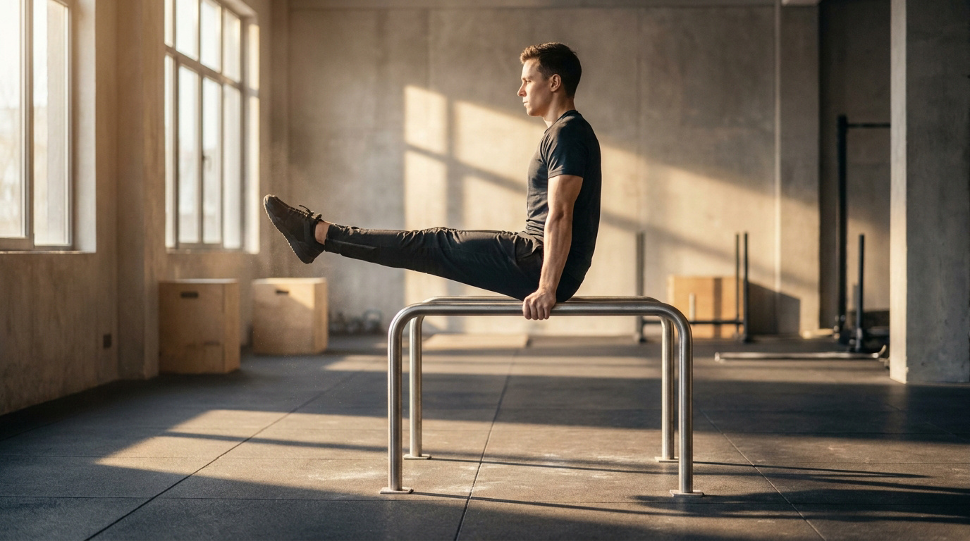 Un homme musclé en t-shirt noir réalise un L-sit sur des barres parallèles dans une salle de sport baignée de soleil.